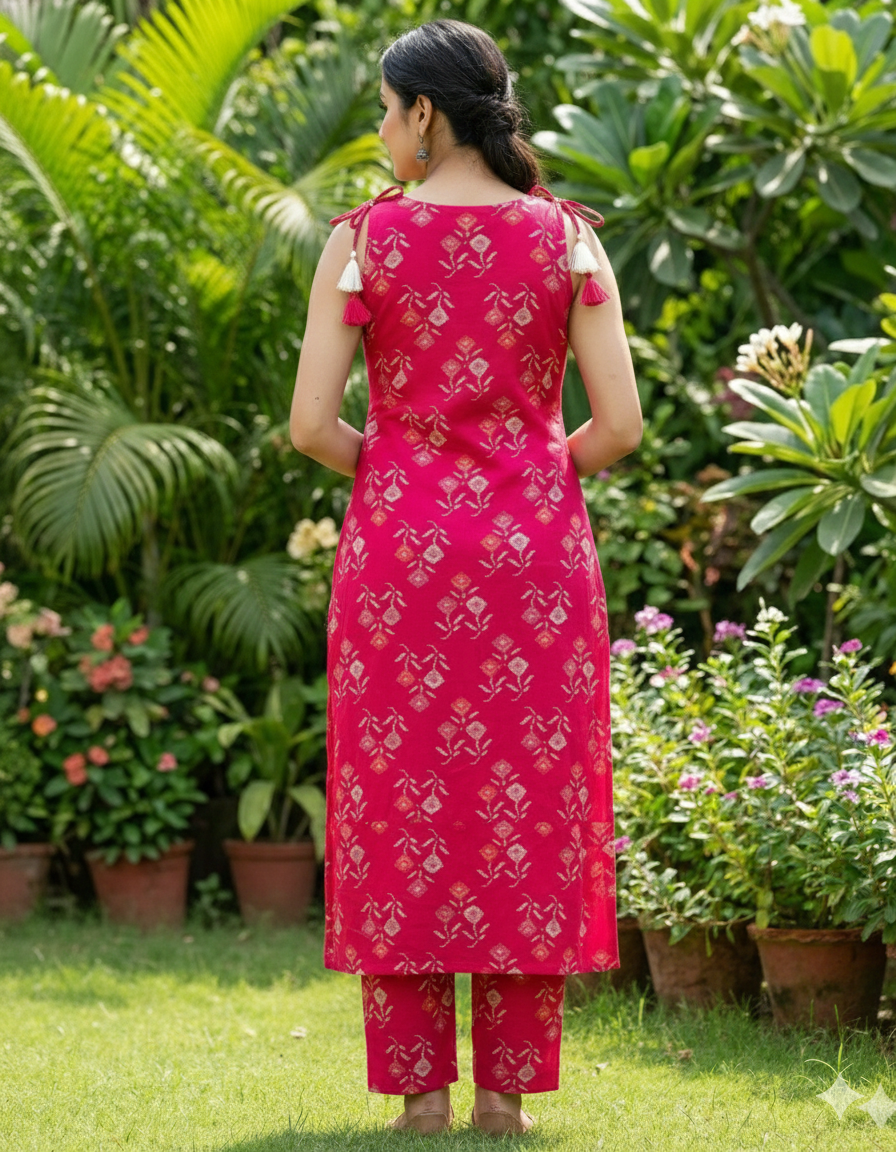 Kalakaari Women's Rani Pink Floral Printed Sleeveless Kurta with Pant Set - Stylish Rayon Ethnic Suit for Summer & Casual Wear