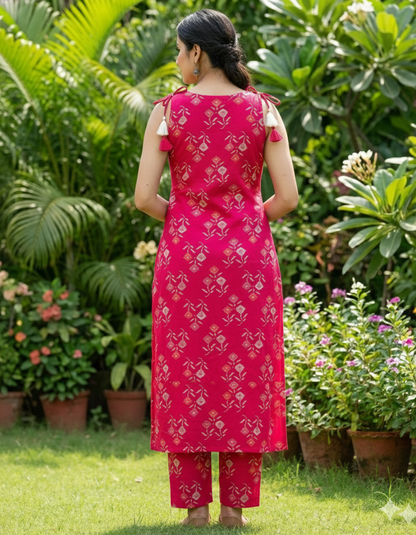 Kalakaari Women's Rani Pink Floral Printed Sleeveless Kurta with Pant Set - Stylish Rayon Ethnic Suit for Summer & Casual Wear