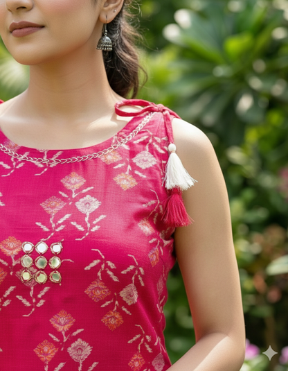 Kalakaari Women's Rani Pink Floral Printed Sleeveless Kurta with Pant Set - Stylish Rayon Ethnic Suit for Summer & Casual Wear