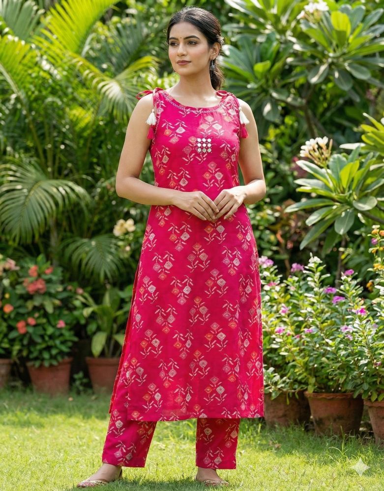 Kalakaari Women's Rani Pink Floral Printed Sleeveless Kurta with Pant Set - Stylish Rayon Ethnic Suit for Summer & Casual Wear